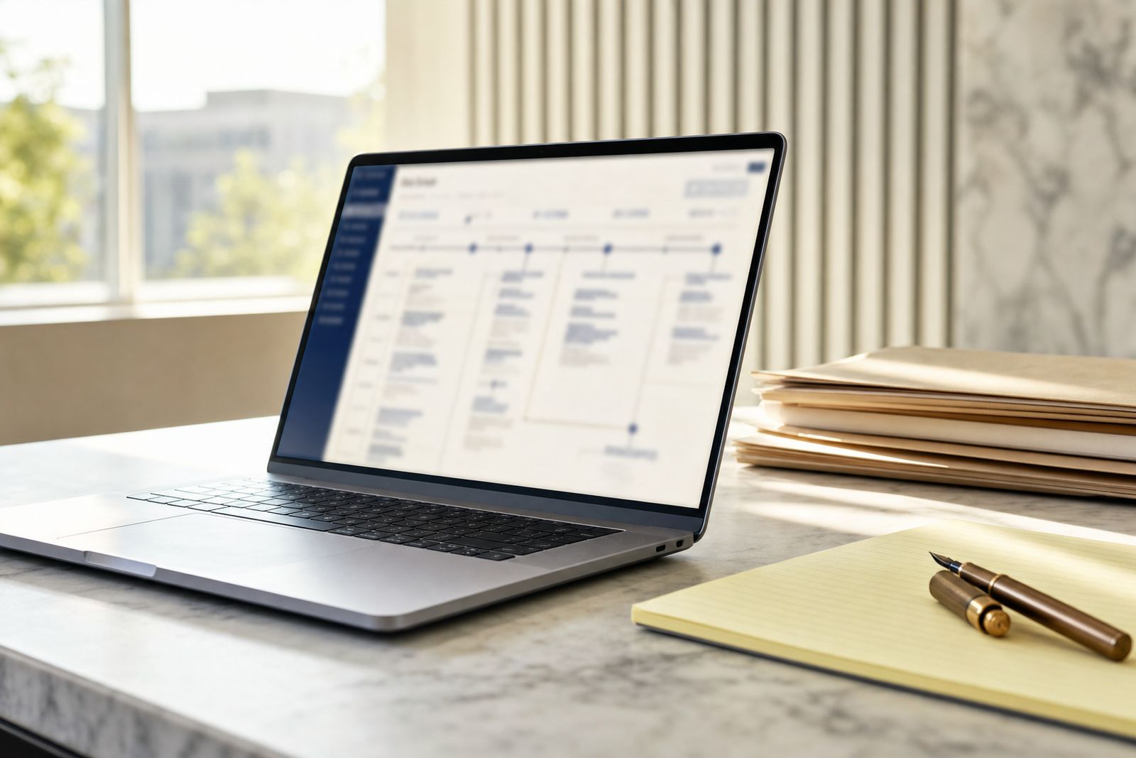 A laptop on a marble desk beside a legal pad and brass pen